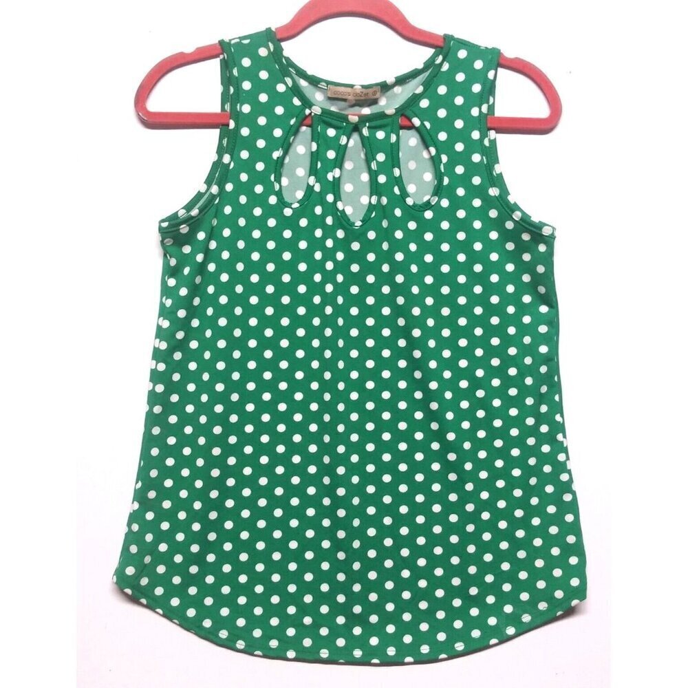 Coco's CloZet top sleeveless Polka Dot green white Sz S Stretch keyhole front EC